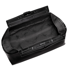 Load image into Gallery viewer, Longchamp Le Roseau Glossy S Leather Clutch Pouch in glossy Black with black hardware open to show black interior
