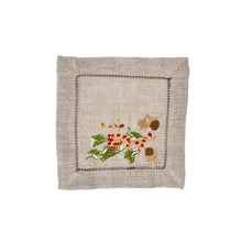 Load image into Gallery viewer, tan square napkins with an embroidered with leaves, berry and acorns 

