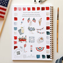 Load image into Gallery viewer, back cover of the Americana Watercolor Workbook showing all 12 images in the book
