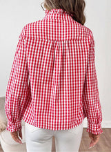 Load image into Gallery viewer, Gingham Check Plaid Ruffled Blouse  red and white back view
