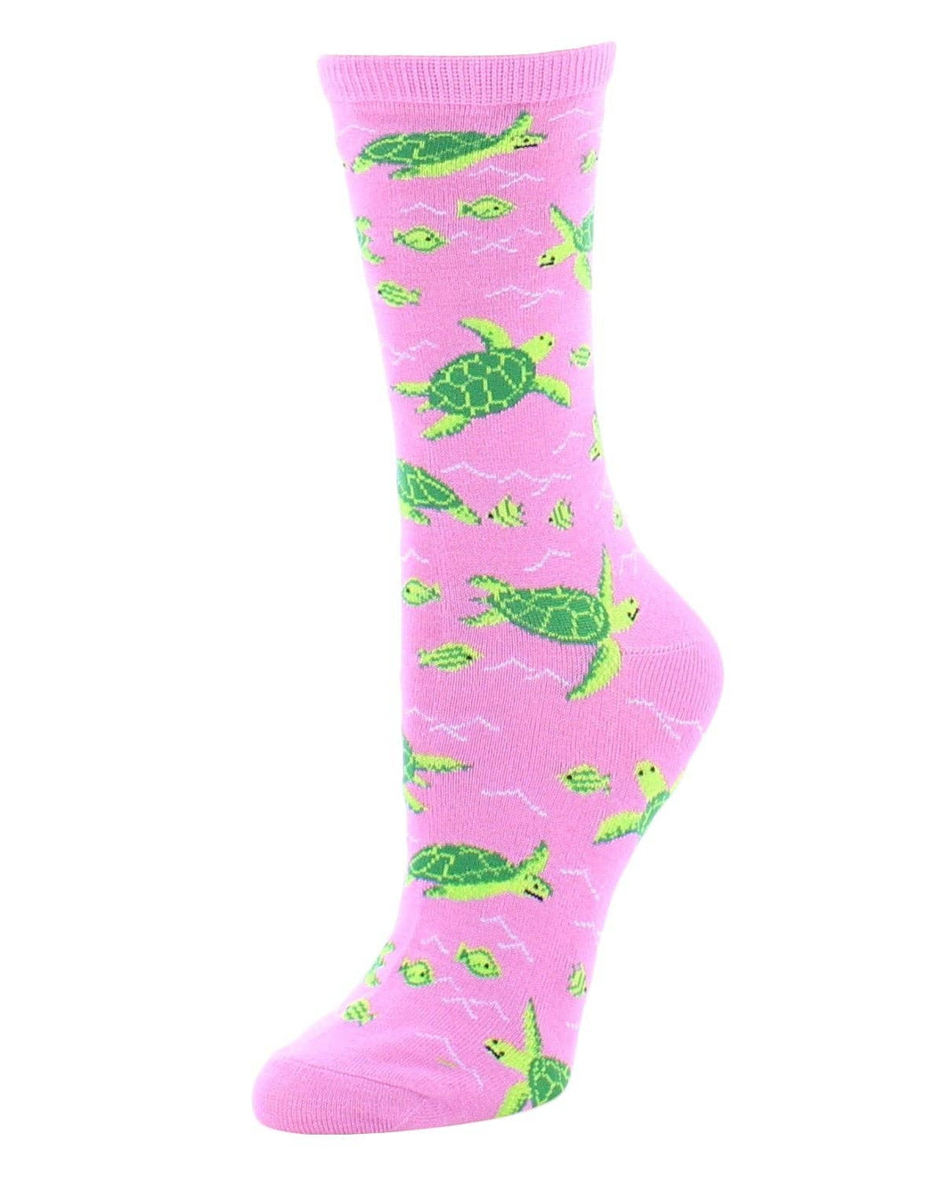pink sock with green sea turtles and fish
