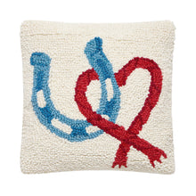Load image into Gallery viewer, Horseshoe Heart Hook Pillow  with red heart and blue horse shoe
