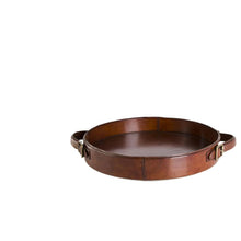 Load image into Gallery viewer, Round Tan Leather Tray with Brass Buckle Accent Handles
