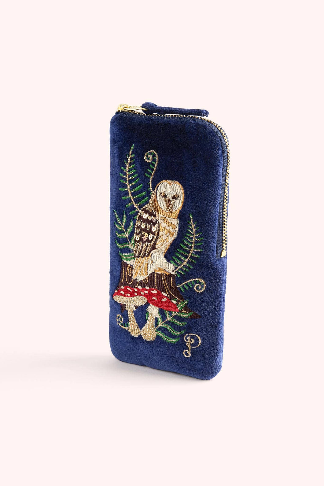 Dark blue Velvet Embroidered Sunglasses Pouch with embroidered  Woodland Owl and zipper closure 