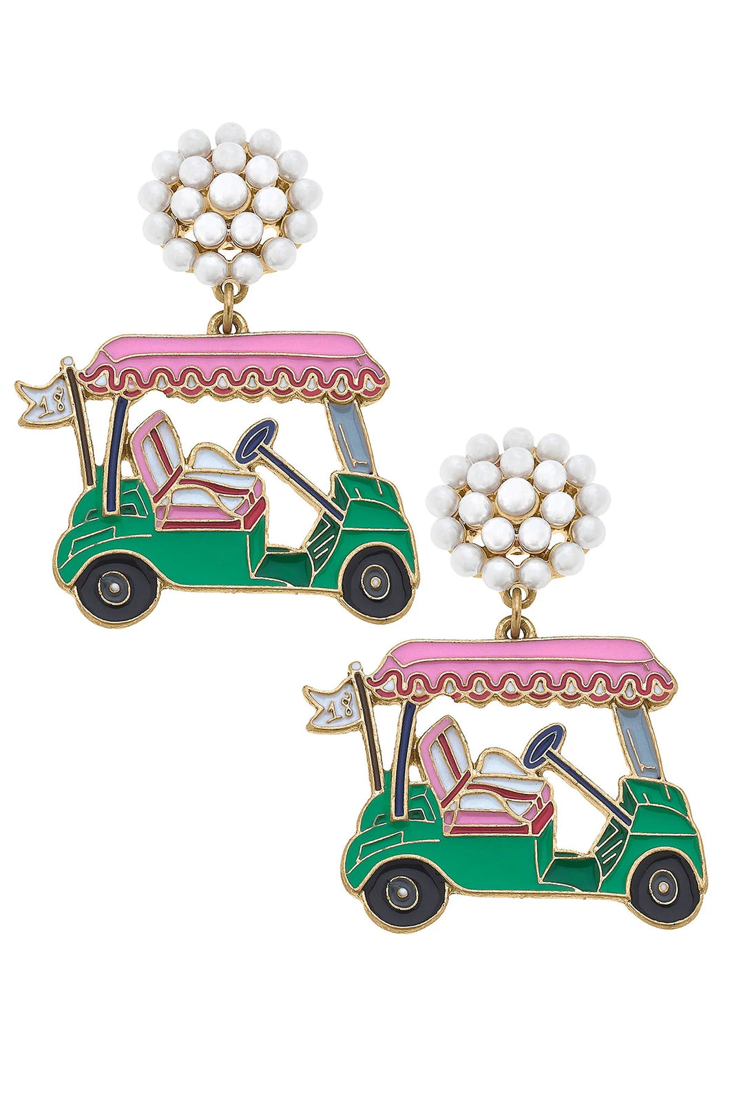 19th Hole Golf Cart Enamel Earrings in Pink & Green