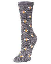 Load image into Gallery viewer, Honey Bee Bamboo Blend Crew Socks gray socks with honeycomb design and bees
