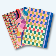 Load image into Gallery viewer, three notebooks with busy color print covers

