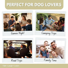 Load image into Gallery viewer, four images of where the game can be played, Games Night, Camping Trips, Road Trips, Family time
