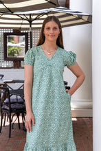 Load image into Gallery viewer, woman in long dress with short sleeves and green Blockprint
