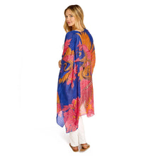 Load image into Gallery viewer, woman wearing a Crane Print Cobalt Long Kimono back view
