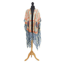 Load image into Gallery viewer,  Indian Summer Blue Print Long Kimono on a mannequin 
