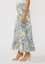 Load image into Gallery viewer, Convertible Smocked Skirt with a blue and pale green floral pattern against a cream colored background. The waist of the skirt is smocked. Side view
