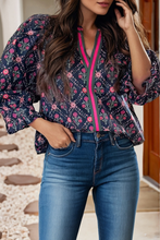 Load image into Gallery viewer, V-Neck Bracelet Sleeve Vintage Floral Blouse - Black
