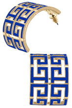 Load image into Gallery viewer, Brennan Game Day Greek Keys Enamel Hoop Earrings in Blue
