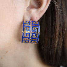 Load image into Gallery viewer, Brennan Game Day Greek Keys Enamel Hoop Earrings in Blue
