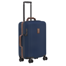 Load image into Gallery viewer, Longchamp Boxford Small Cabin Suitcase in navy Navy Blue side view showing brown leather 
