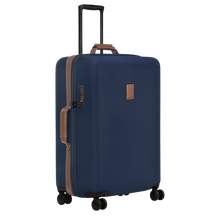 Load image into Gallery viewer, Longchamp Boxford Large Suitcase - Blue side view showing black leather

