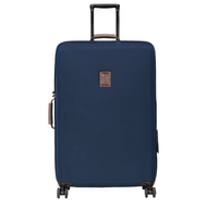 Longchamp Boxford Suitcase Embossed Style  - xl blue suitcase wit wheels, side handle top handle that is extendable and small leather logo  in the upper center of the case
