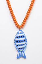 Load image into Gallery viewer, Vibrant Fish Pendant Beaded Necklace with blue black and white fish pendant and orange necklace
