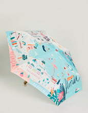 Load image into Gallery viewer,  Florida Travel Umbrella with a map of Florida decorated with iconic Florida images including a flamingo 
