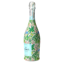 Load image into Gallery viewer, Champagne Bottle covered with the Verde Palm Pavilion Prosecco Bottle Wrap side view
