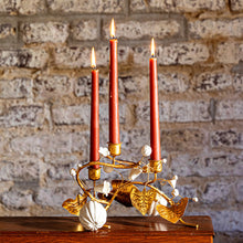 Load image into Gallery viewer, Juliska Forest Walk Pumpkin &amp; Vine Triple Candlestick Holder with red/amber candles
