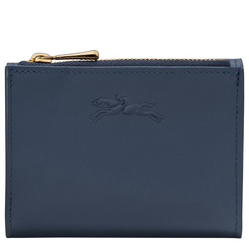 navy blue wallet with gold zipper and Longchamp logo