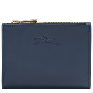navy blue wallet with gold zipper and Longchamp logo