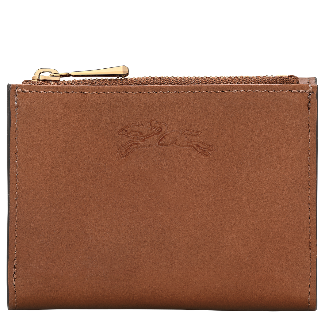 brown wallet with blue zipper along the top and the Longchamp logo in the leather