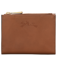 brown wallet with blue zipper along the top and the Longchamp logo in the leather