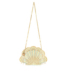 Load image into Gallery viewer, scalloped sea shell shaped hand bag heavily beaded with blue and gold beads and pearls and a long hold shoulder strap chain
