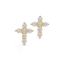 Load image into Gallery viewer, A pair of gold cross stud earrings set with round clear gemstones, displayed on a clean white background.
