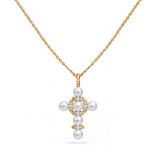 Load image into Gallery viewer, Crislu Brilliant &amp; Pearl Cluster Cross Necklace in gold
