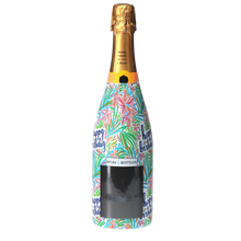 Load image into Gallery viewer, Champagne Bottle covered with the Happy Birthday Floral Bottle wrap text reads happy birthday Champagne cheers brut back view
