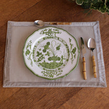 Load image into Gallery viewer, Beatriz Ball VIDA White &amp; Green Faenza 9" Salad Plate on a table with bamboo flatware
