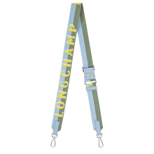 Load image into Gallery viewer, Longchamp Shadow Bandoulière Adjustable Strap muted green and blue stripes with yellow text
