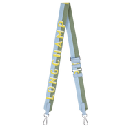 Longchamp Shadow Bandoulière Adjustable Strap muted green and blue stripes with yellow text