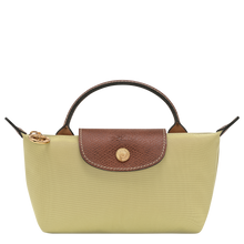 Load image into Gallery viewer, Longchamp Le Pliage Original Pouch w/ Handle - Pistachio with brown leather and gold hardware 
