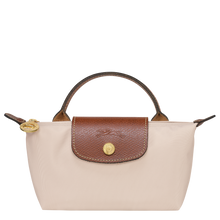 Load image into Gallery viewer, Longchamp Le Pliage Original Pouch w/ Handle - with cream Paper color fabric and brown leather, gold hardware 
