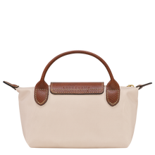 Load image into Gallery viewer, Longchamp Le Pliage Original Pouch w/ Handle - with cream Paper color fabric and brown leather, gold hardware  back view
