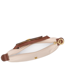 Load image into Gallery viewer, Longchamp Le Pliage Original Pouch w/ Handle - with cream Paper color fabric and brown leather, gold hardware open showing white interior 
