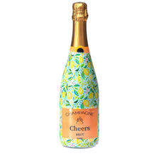 Load image into Gallery viewer, Champagne Bottle covered with the Preppy Lemons Champagne Bottle Wrap
