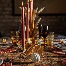 Load image into Gallery viewer, Juliska Forest Walk Pumpkin &amp; Vine Double Candlestick Holder set on a fall themed table with amber color taper candles
