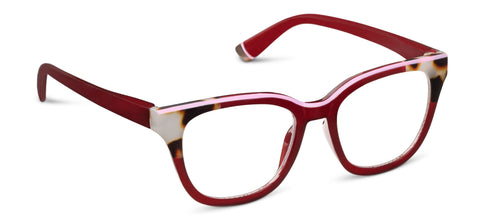 Square cat eye frames in red with tan peach tortoise at the edges
