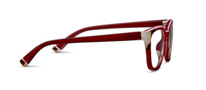 Square cat eye frames in red with tan peach tortoise at the edges