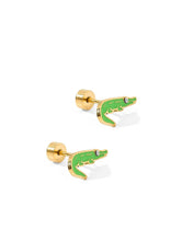 Load image into Gallery viewer, small green and gold gator earrings with post backings
