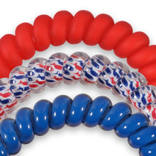 Load image into Gallery viewer, close up of three hair ties - TELETIES Sea to Shining Sea 3 Pack Hair Ties  one blue one red and one red white and blue
