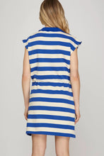 Load image into Gallery viewer, blue and white horizontal striped dress with drawstring waist back view
