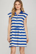 blue and white horizontal striped dress with drawstring waist