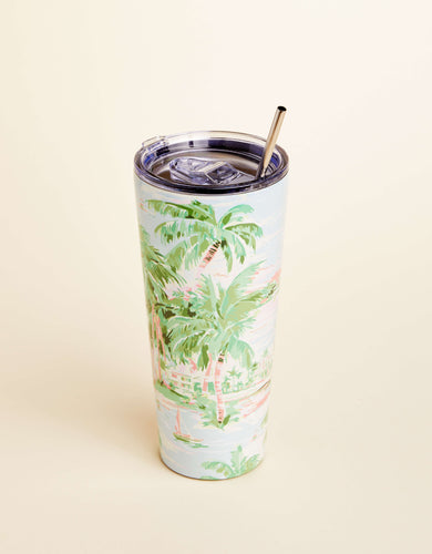 Stainless Steel Drink Tumbler with straw, pastel color image of palm trees 